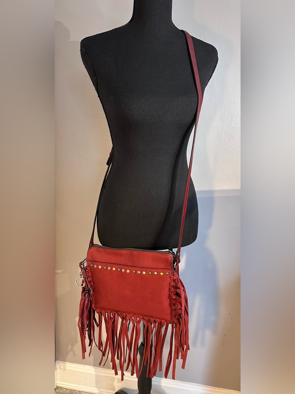 Patricia Nash Nazaire Nubuck Suede Fringe Crossbody Boho Southwest Bag Maroon